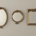 Three Golden Decorative Mirrors with Ornate Frames in Oval Round and Square Shapes