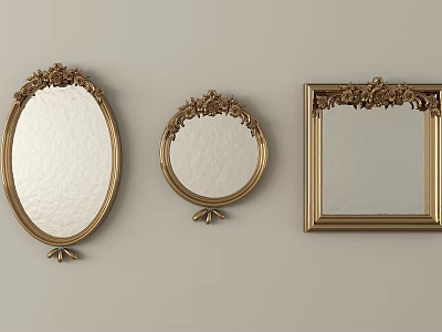 Three Golden Decorative Mirrors with Ornate Frames in Oval Round and Square Shapes 3d model