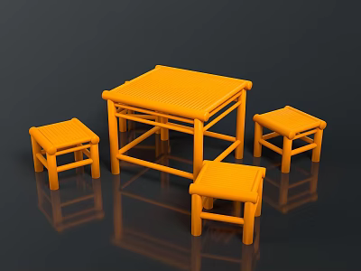Orange Square Wooden Table With Four Matching Square Stools Simple Design 3d model