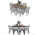 Rectangular Wooden Dining Table Set With White Chairs Vase And Fruit Plate 3d model