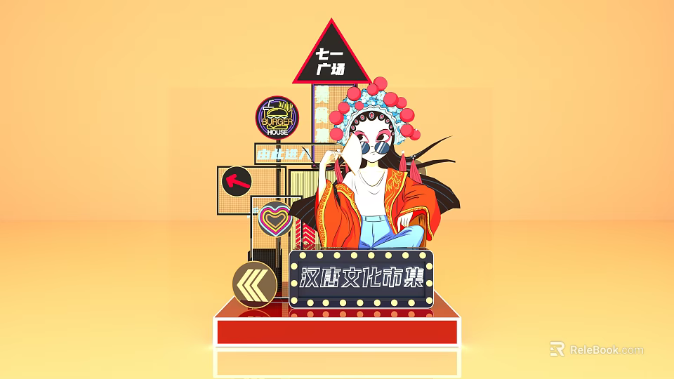 Traditional Chinese Opera Themed Photo Spot With Painted Face Decor In Square 3d model 