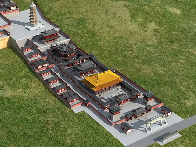 Ancient Architecture Complex Traditional Imperial Palace with Yellow Glazed Roofs Courtyard and Green Lawns 3d model