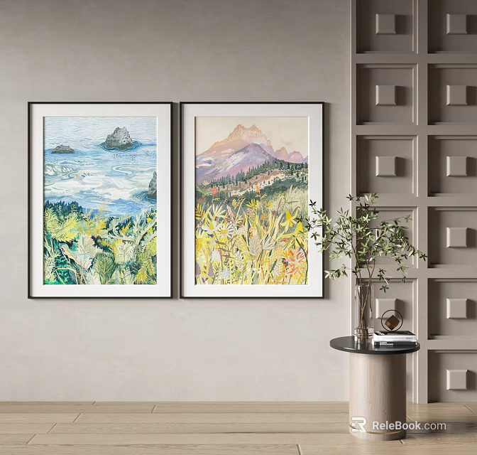 Framed Abstract Paintings Hanging On Wall With Side Table And Green Plant 3d model 