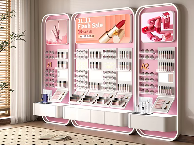 Pink and White Display Shelves with Cosmetics for 11.11 Flash Sale Multiple Layers 3d model