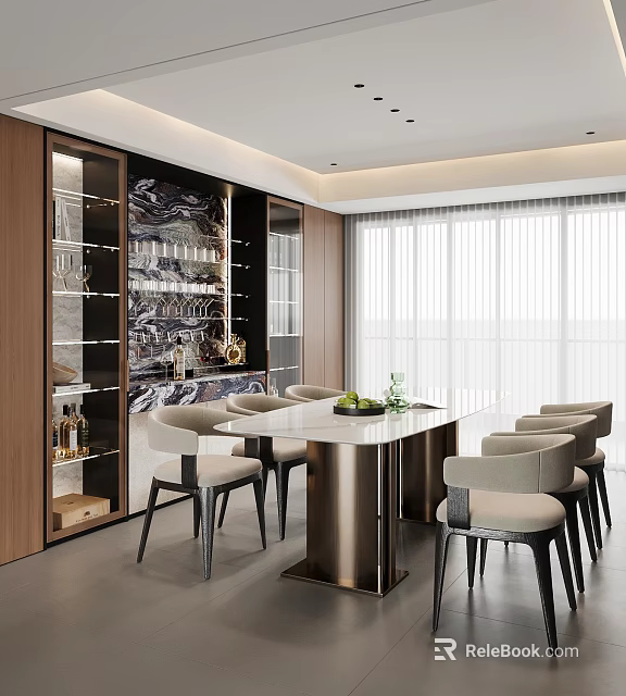 Modern Elegant Restaurant Interior With White Marble Dining Table Light Chairs And Wooden Wine Cabinet 3d model 