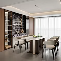Modern Elegant Restaurant Interior With White Marble Dining Table Light Chairs And Wooden Wine Cabinet