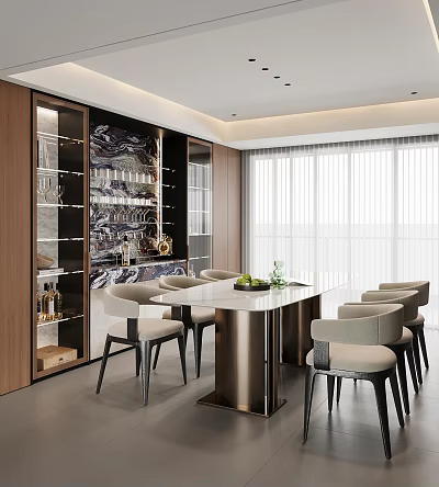 Modern Elegant Restaurant Interior With White Marble Dining Table Light Chairs And Wooden Wine Cabinet 3d model