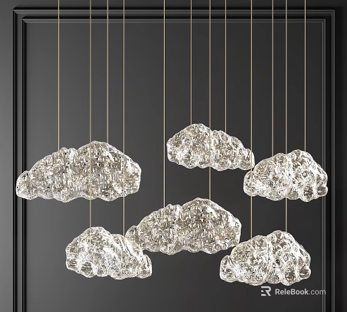 Cloud Shaped Transparent Crystal Chandelier With Multiple Pendant Lights In Black Interior 3d model 