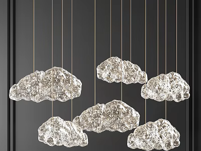 Cloud Shaped Transparent Crystal Chandelier With Multiple Pendant Lights In Black Interior 3d model