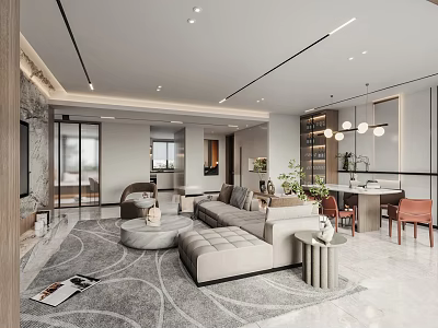 Modern Living and Dining Room Interior With Large Sofa Round Coffee Table And Pendant Lights 3d model