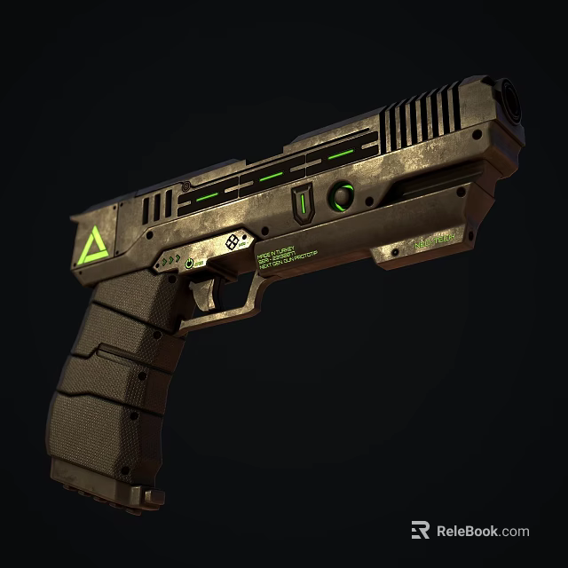 Futuristic Weapon Pistol Design With Green Indicators Yellow Warning Signs And Metallic Grip Texture 3d model 
