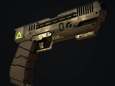 Futuristic Weapon Pistol Design With Green Indicators Yellow Warning Signs And Metallic Grip Texture 3d model
