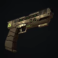 Futuristic Weapon Pistol Design With Green Indicators Yellow Warning Signs And Metallic Grip Texture