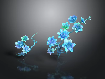 Blue Flowers With Multiple Petals On Branches With Leaves Against Dark Background And Reflective Effect 3d model