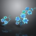 Blue Flowers With Multiple Petals On Branches With Leaves Against Dark Background And Reflective Effect