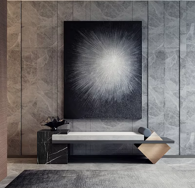 Modern Luxury Sofa Bench Interior Design With Marble Base And Wall Art 3d model
