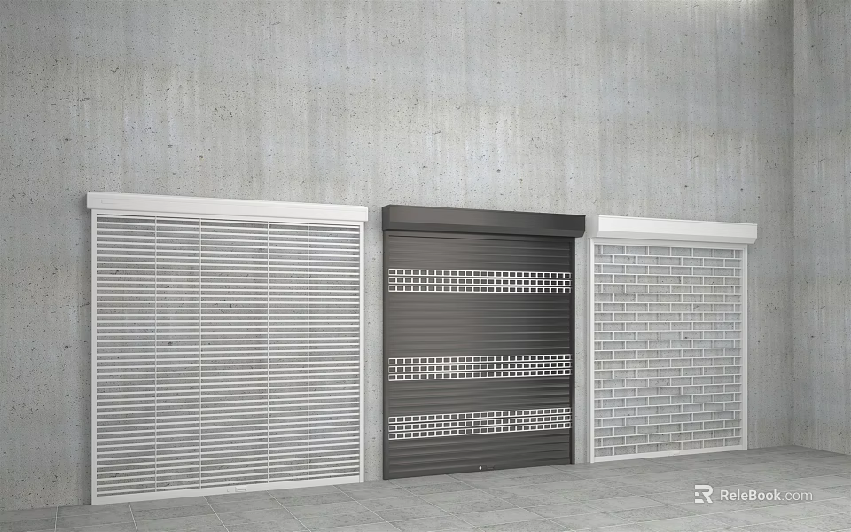 Modern Roller Shutters With White Black Designs Against Gray Concrete Wall 3d model 
