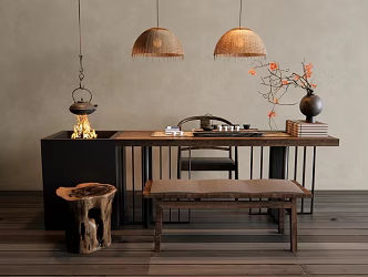 Wind Tea Table and Chair Bamboo Chandelier Bench Vase Ornaments Leisure Chair Wooden Pier 3d model
