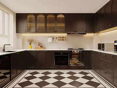Modern Kitchen Interior With Dark Glass Door Cabinets Checkered Floor Lighting And Appliances 3d model