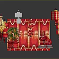 Traditional Chinese Spring Festival Decor With Red Lanterns Fu Characters Potted Plants And Red Boxes