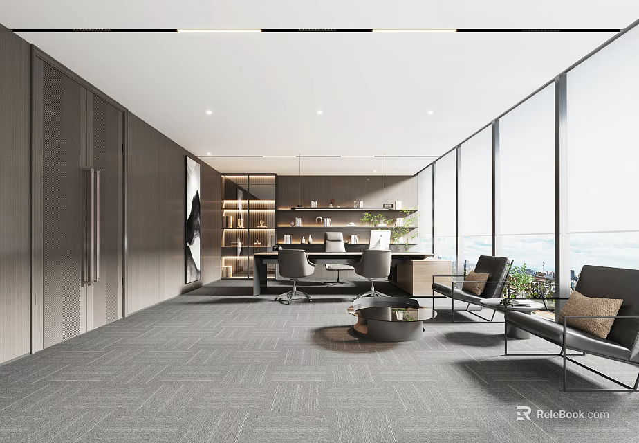 Modern Office Interior With Large Windows Bookshelves Comfortable Chairs And Spacious Layout 3d model