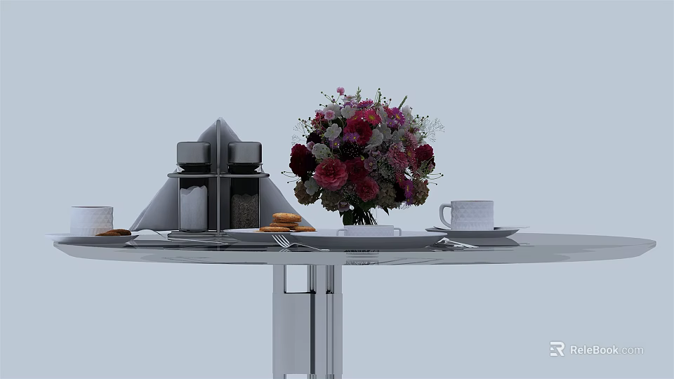 Round Silver Dining Table With Pink And Purple Flower Bouquet Coffee Cup Saucer And Biscuits 3d model 