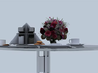 Round Silver Dining Table With Pink And Purple Flower Bouquet Coffee Cup Saucer And Biscuits 3d model