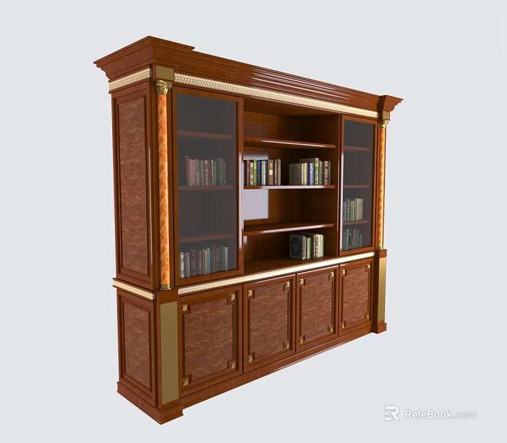 Traditional Wooden Bookcase With Glass Doors And Storage Cabinets For Home Library 3d model 