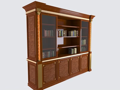 Traditional Wooden Bookcase With Glass Doors And Storage Cabinets For Home Library 3d model