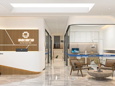 Elegant Modern Reception Area Interior With Wooden Front Desk Seating And Marble Floor 3d model