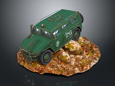 Green Military Vehicle Model with Numbered 1043 Insignia on Rocky Base and Fallen Leaves 3d model