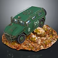 Green Military Vehicle Model with Numbered 1043 Insignia on Rocky Base and Fallen Leaves