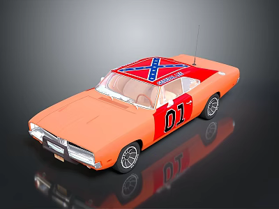 Orange Classic Car With Rebel Flag And 01 Marking 3d model