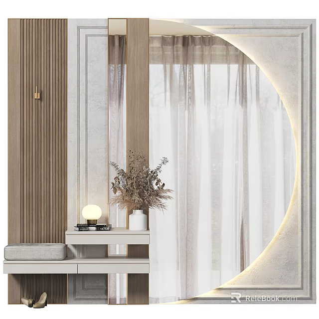 Modern Entryway Console Table And Side Cabinet With Round Mirror Dried Flowers And Lamp 3d model 
