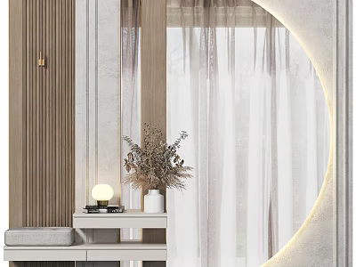 Modern Entryway Console Table And Side Cabinet With Round Mirror Dried Flowers And Lamp 3d model