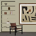 Modern Living Room Interior With Abstract Painting Shelves Decorative Items And Chair