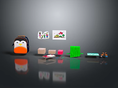 Colorful Children's Life Supplies With Penguin Backpack Stickers Building Blocks And Small Toys 3d model