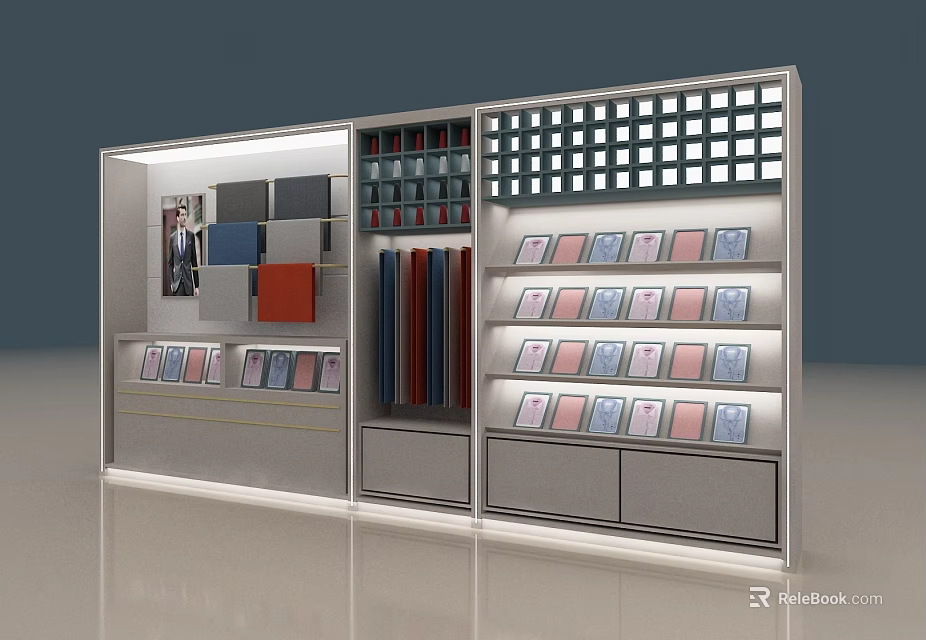 Modern Clothing Store Display With Colorful Fabric Samples On Shelves And Grid Panels 3d model 