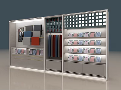 Modern Clothing Store Display With Colorful Fabric Samples On Shelves And Grid Panels 3d model