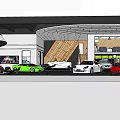 Car Dealership Showroom Interior With Reception Desk Displayed Cars Staircase And Waiting Area