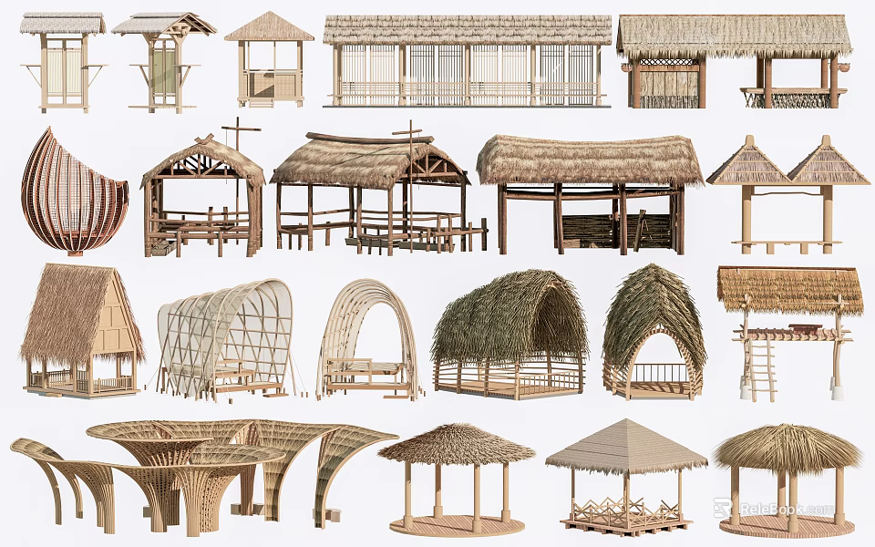 Various Traditional Thatched Roof Structures With Wooden Pavilions And Shelters 3d model 