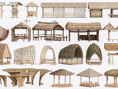 Various Traditional Thatched Roof Structures With Wooden Pavilions And Shelters 3d model