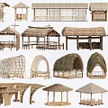 Various Traditional Thatched Roof Structures With Wooden Pavilions And Shelters