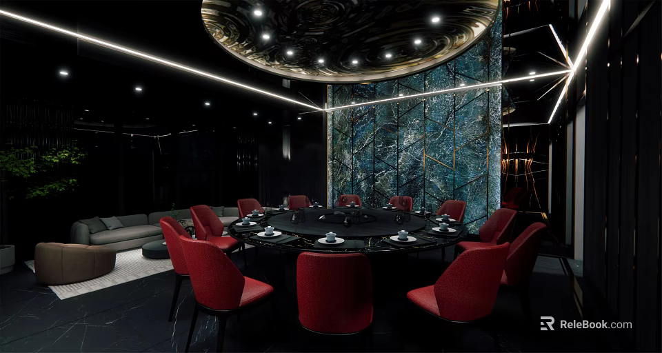 Modern Private Dining Room With Red Chairs Round Table And Decorative Wall Lighting 3d model