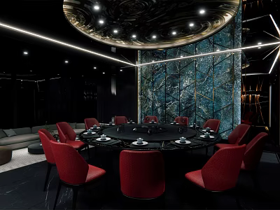 Modern Private Dining Room With Red Chairs Round Table And Decorative Wall Lighting 3d model