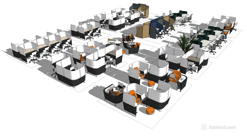 Modern Office Workspace With Cubicle Workstations Office Chairs And Green Plants 3d model 