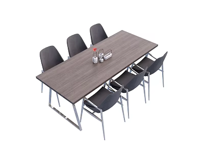 Modern Conference Table with Wooden Top Metal Legs Six Black Chairs and Tabletop Bottles Vase 3d model