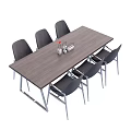 Modern Conference Table with Wooden Top Metal Legs Six Black Chairs and Tabletop Bottles Vase