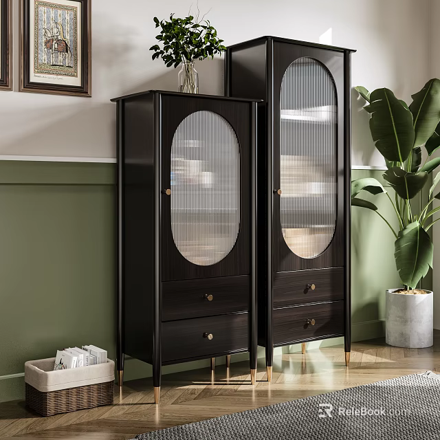 Black Sideboard with Round Glass Doors Drawers and Gold Legs in Modern Interior with Plant 3d model 