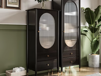 Black Sideboard with Round Glass Doors Drawers and Gold Legs in Modern Interior with Plant 3d model